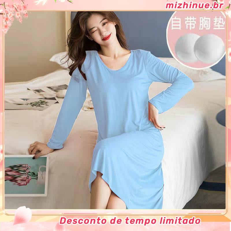 Camisola Mulheres Mid-Length over-the-Knee dress Pijamas com Peito Pad Manga Longa Camisolas Outerwear Casa desgaste