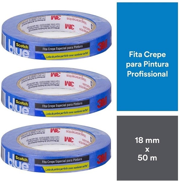 Kit com 3 Fita Crepe Blue Tape Profissional 3M 18MM X 50M em Oferta na Shopee