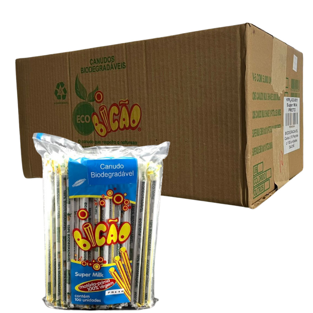 Caixa 1000 Canudo Super Milk Preto ou Transparente 8,5mm Biodegradável Sachê