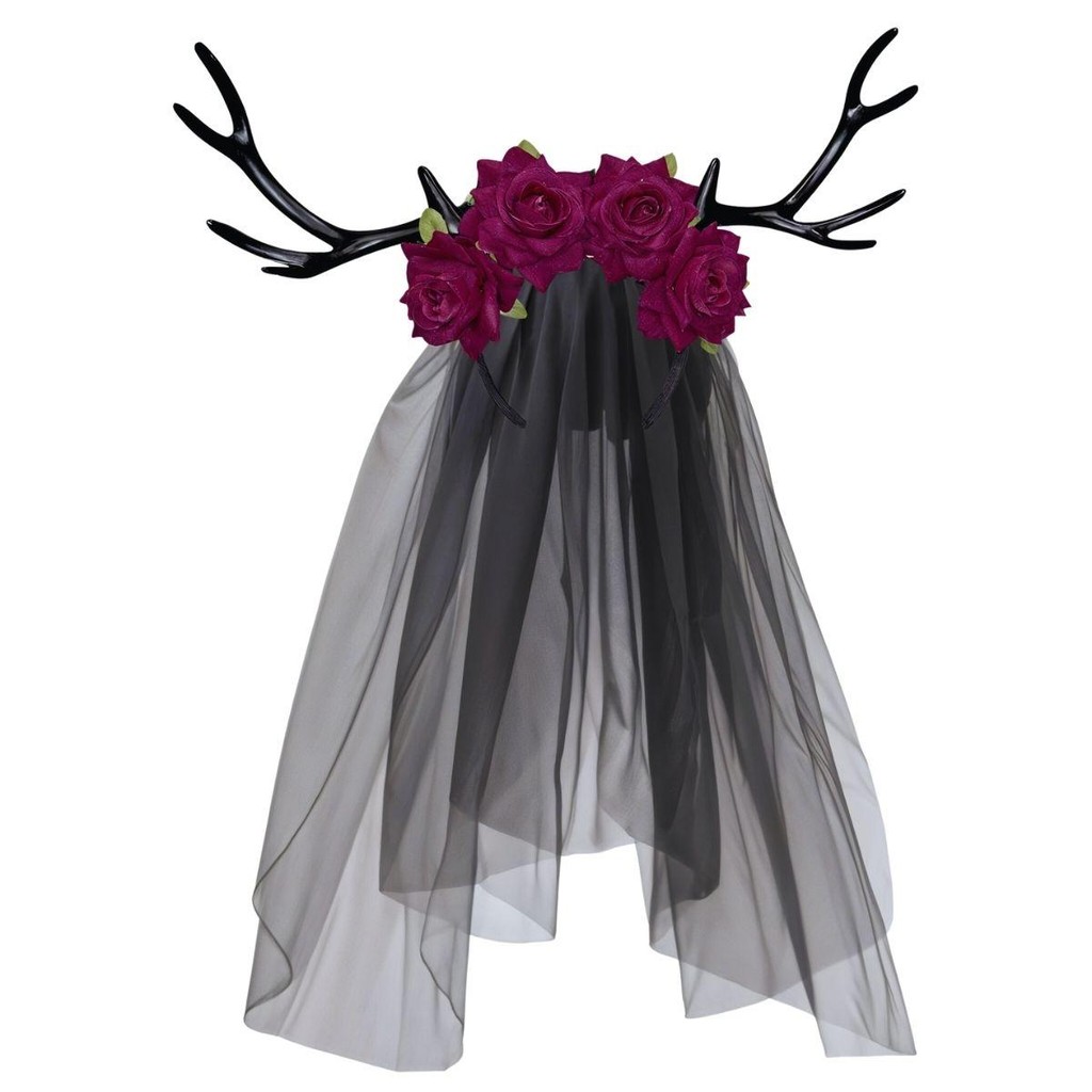 Tiara Halloween Com Veu Preto Flores e Chifre Galhada de Cervo de Luxo Fantasia Noiva Zombi