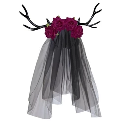 Tiara Halloween Com Veu Preto Flores e Chifre Galhada de Cervo de Luxo Fantasia Noiva Zombi