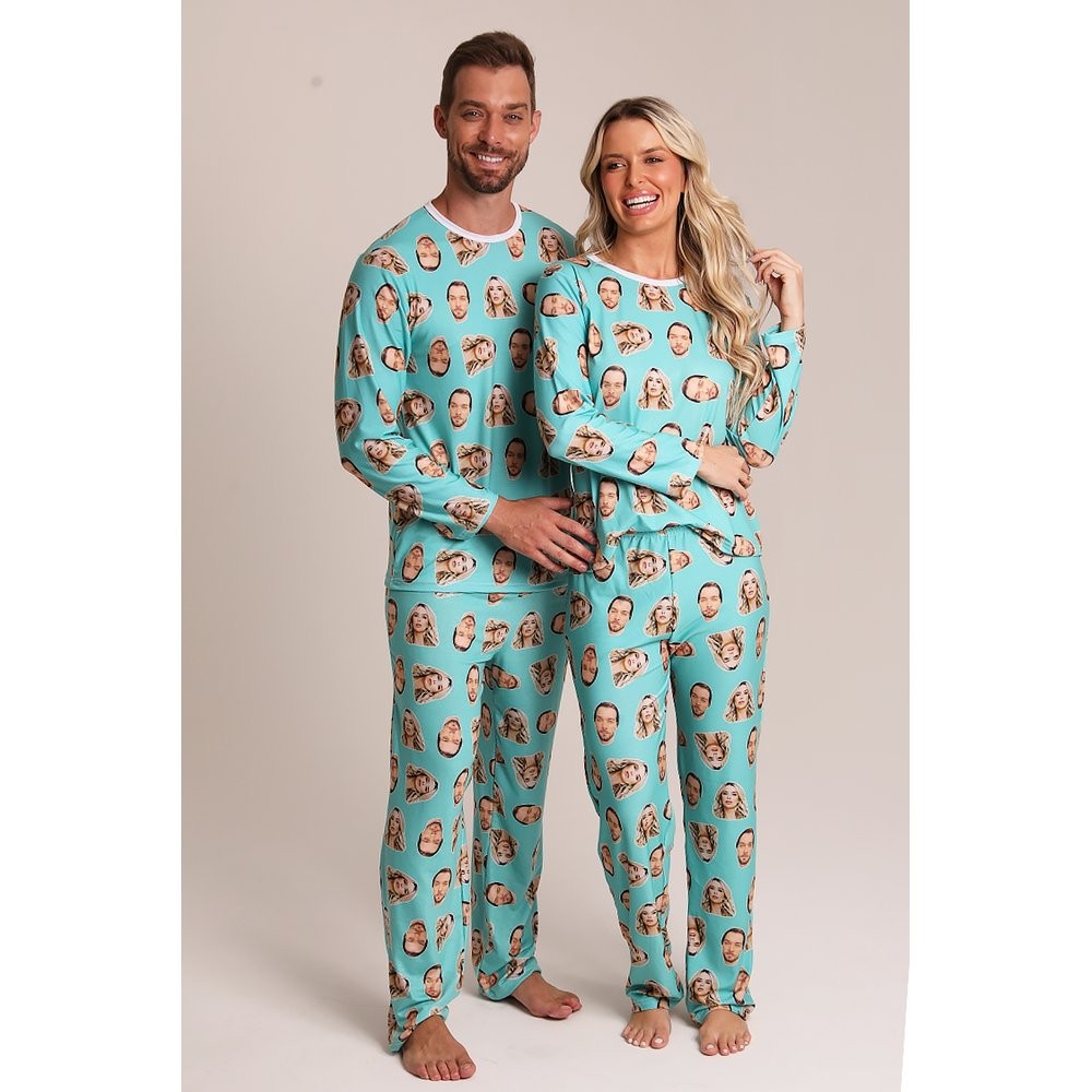 Kit Pijama Longo Personalizado com Fotos para Casal - Pijama Masculino e Feminino Customizável - Turquesa