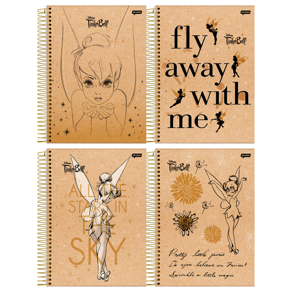 Kit 4 Caderno Universitário 1 Matéria 80 Folhas Capa Dura 20x27cm Tinker Bell Kraft Feminino Jandaia Capas Sortidas - Stationery