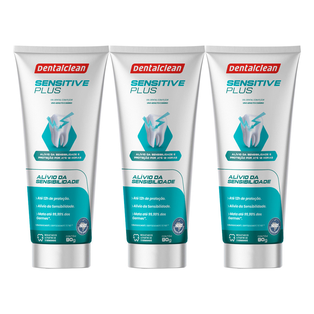 Kit 3 Pasta de Dente Gel Dental Sensitive Plus 90g Creme Dental Sensíveis Dentalclean