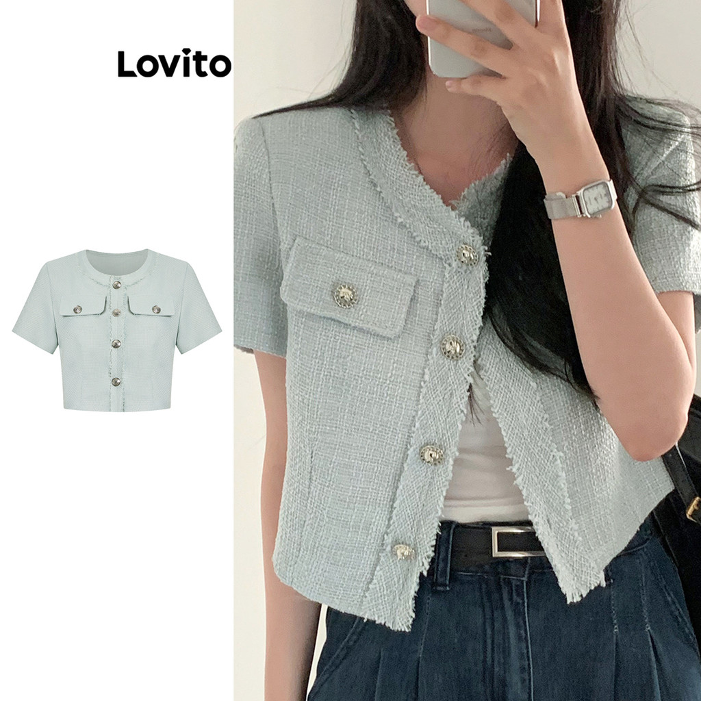 Lovito Jaqueta elegante de bolso falso com bainha crua e botão liso para mulheres L98AD185 - Women Clothes