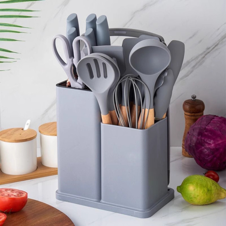 Kit Completo Jogo de Cozinha Luxo 19 Peças Com Tábua em Silicone Espátula Faca Tesoura Utensílios