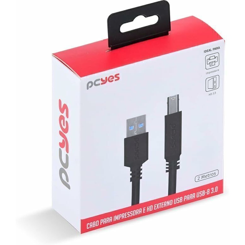 Cabo para Impressora PCYES e Hd Externo Usb a 3.0 Macho para Usb b 3.0 Macho 28awg Puro Cobre 2 Metros - Puabm3-2