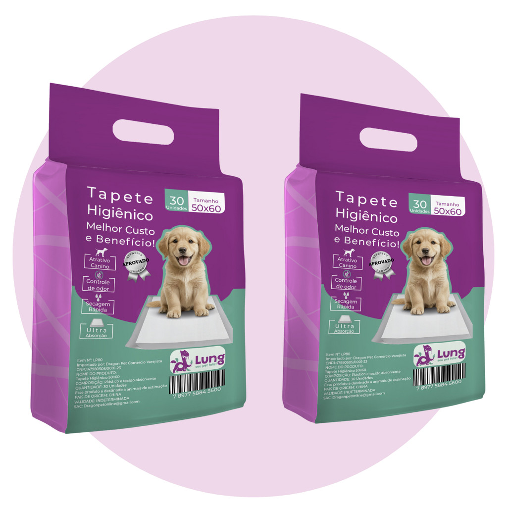 Tapete Higiênico 50x60 cm 60un Econômico Kit 2 Pacotes p/ Cachorro Pet Alta Absorção c/ Fita Colante