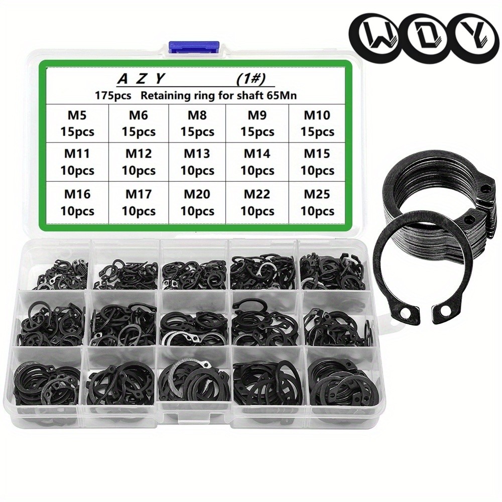 175 Kits de combinação de fivela, anel de retenção elástico para fivela externa tipo fivela de eixo, clipe em forma de C, Kit de anel C de fivela externa