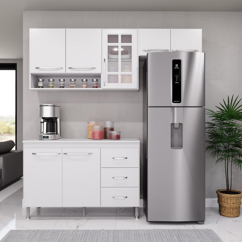Cozinha Modulada Compacta Fidelitá Viena 3 Peças 190cm 7 Portas 3 Gavetas Com Tampo Branco - Home & Living