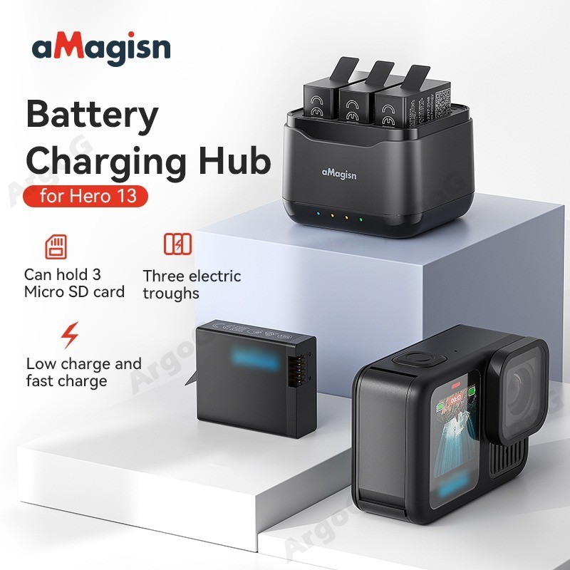 Carregador De Bateria aMagisn Para GoPro Hero 13 Hub De Carregamento De 3 Canais Com Slots De Armazenamento Micro SD Go Pro 13 Acessórios