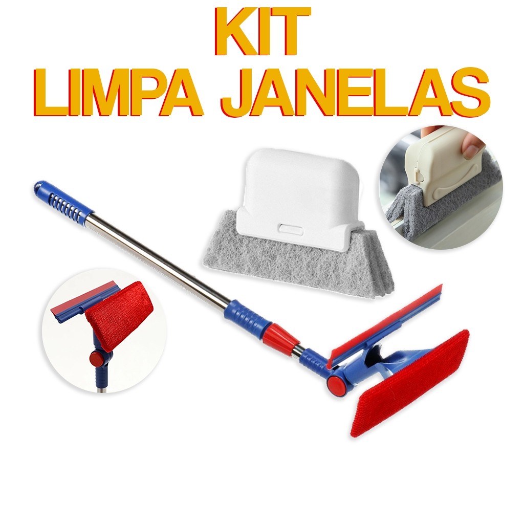Kit Rodo Limpa Vidros Cabo De Metal Ajustavel Cabo Inox Articulavel + Escova Limpa Trilhos Multiuso Envio Imediato