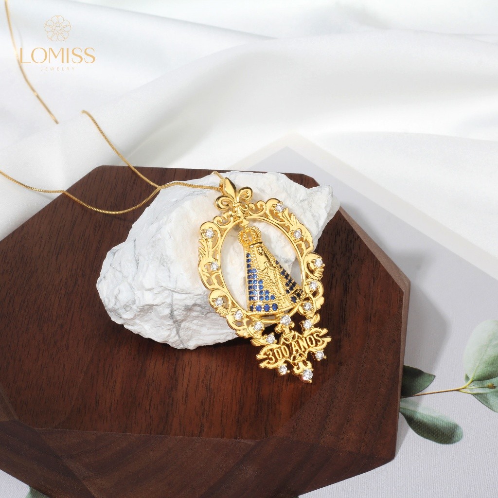 Colar  Feminino Dourado Folheado a Ouro 18k Nossa Senhora Aparecida 300 Anos Zircônia Cravejada Azul em Oferta na Shopee