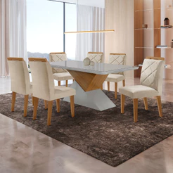 Mesa para Sala de Jantar Aster 180cm MDF Canto Copo com Vidro e 6 Cadeiras Melissa Moderna Mobília
