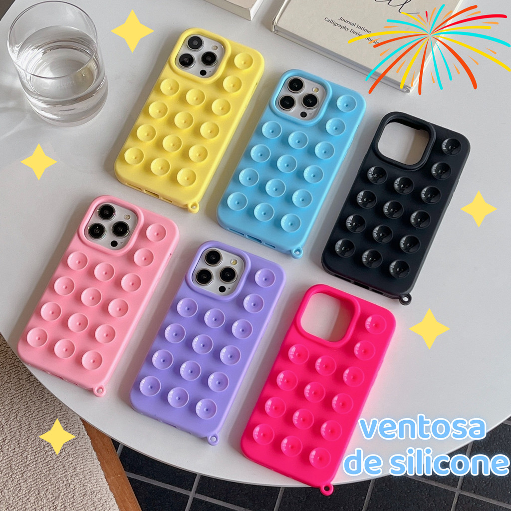 Ventosa caso de telefone adequado para iPhone 11 12 13 14 15 16 Pro Max Plus cor sólida tridimensional Macaron disco de em Oferta na Shopee