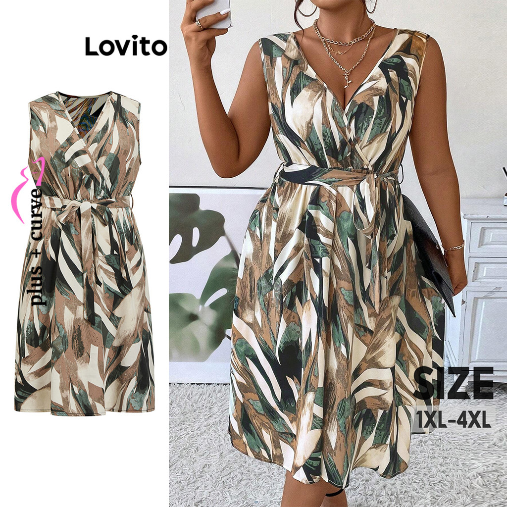 Lovito Vestido floral casual plus size curvo para mulheres LBL14381