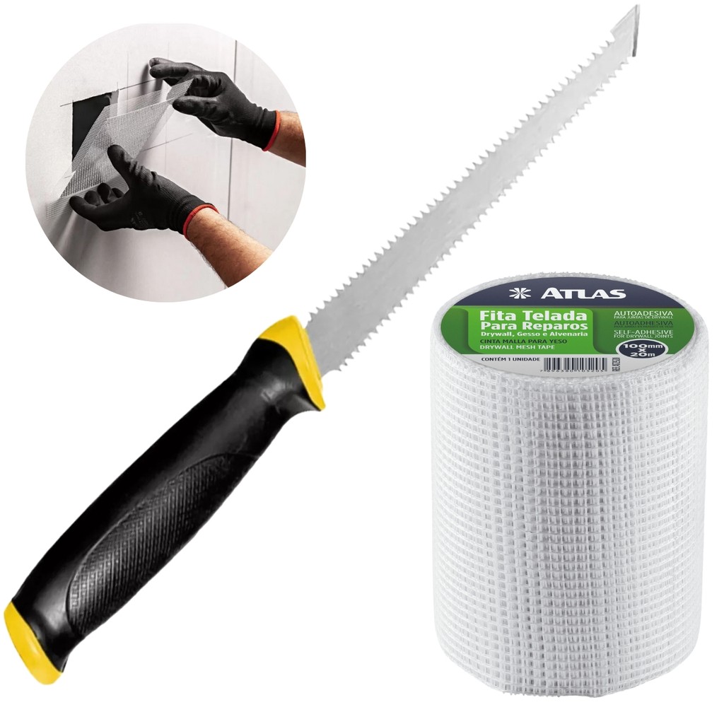 Kit Serrote para Gesso Drywall Lâmina Dupla Cabo Plástico 6" com Fita Telada Auto Adesiva 100mm x 20m Gesseiro