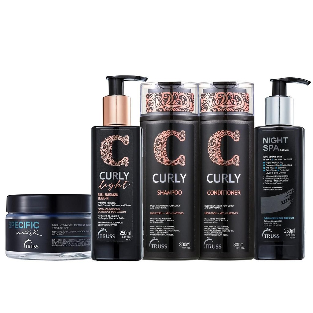 Kit Truss Curly  - Shampoo 300ml + Condicionador 300ml +  Light Leave in 250g + Night SPA 250ml + Specific Máscara 180g