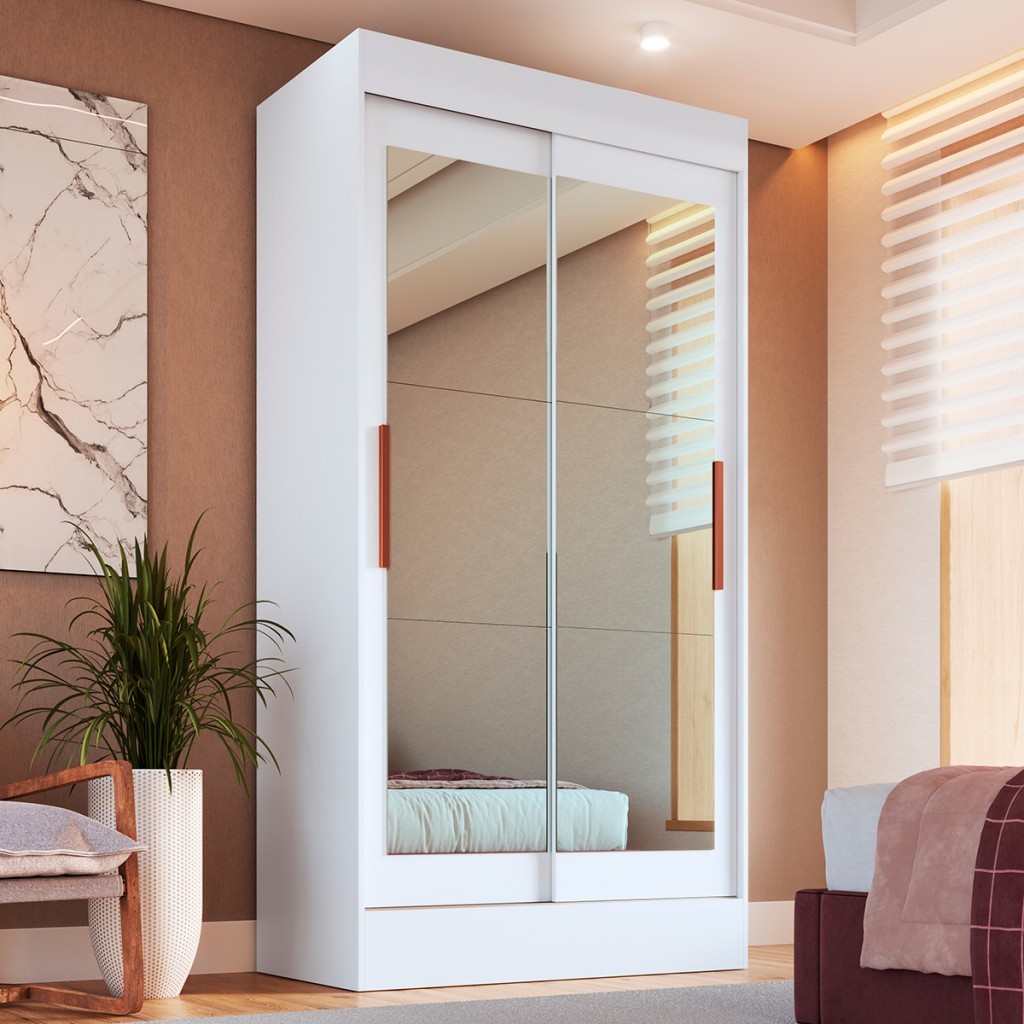 Guarda-Roupa Solteiro Lyon 2 Portas de Correr 2 Gavetas Espelhado Branco - Doripel Móveis em Oferta na Shopee