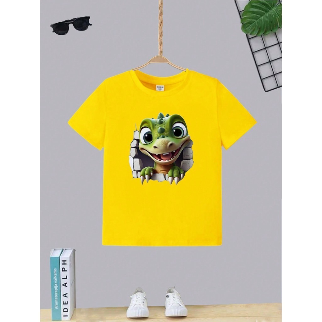 Camiseta Infantil Juvenil Teen Menino Estampa Dinossauro Oi T-shirt Masculina Moda Algodão Gola Redonda