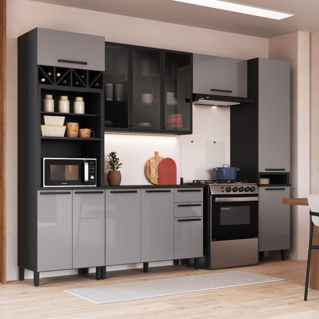 Cozinha Modulada Completa Fidelitá Mônaco 5 Peças 320cm 12 Portas 2 Gavetas Com Tampo Chumbo/Titânio em Oferta na Shopee