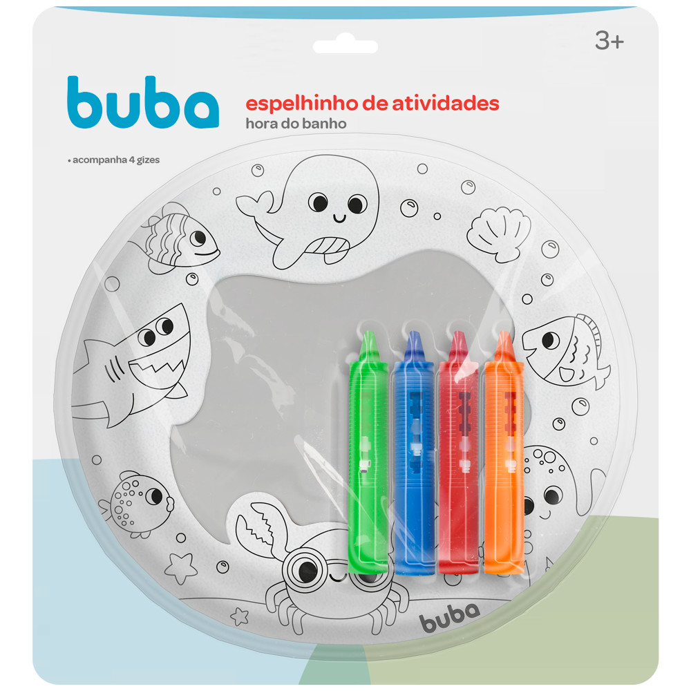Espelhinho De Banho Buba Com Giz de Cera Hora Do Banho Bebê Infantil Banheira Chuveiro Brinquedo Banho