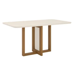 Mesa De Jantar Natalí 160 Cm Canto Arredondado Com Vidro Nature Off White - Henn