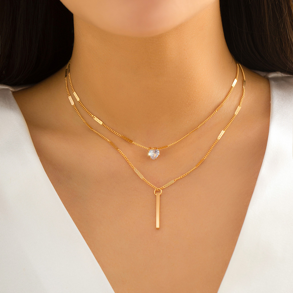 Colar De Corrente De 2 Camadas Com Pingente De Bastão De Coração De Cristal Na Moda Feminina Joias Presente