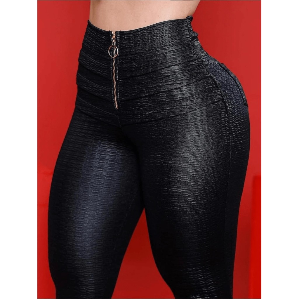 Calça Legging Feminina Cirre Chapa Barrira Modela Bumbum Disfarça Celulites Com Ziper Cintura Alta Premium