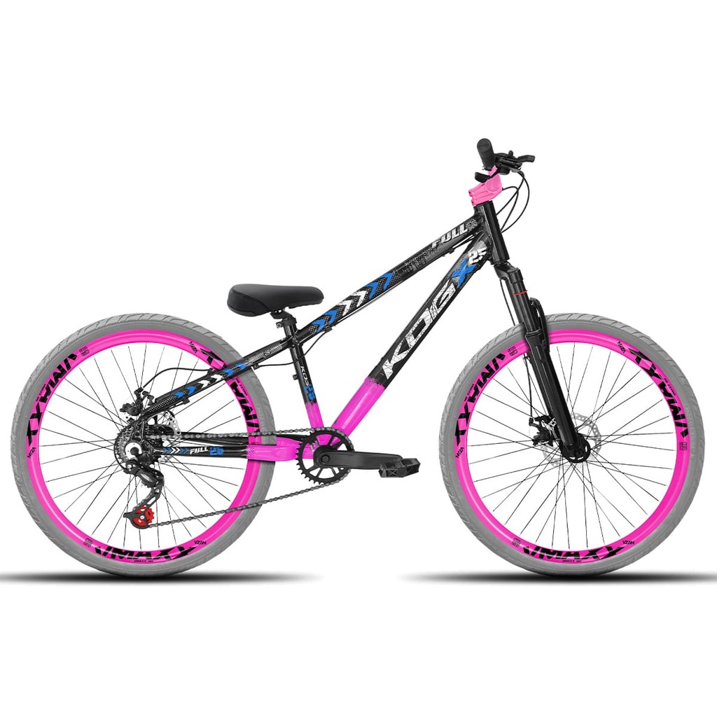 Bicicleta aro 26 KOG Freeride 1x7 Preto Rosa e Azul Vmaxx Rosa - Pneus Cinza - Mesa Curta Rosa - Guidão Rosa