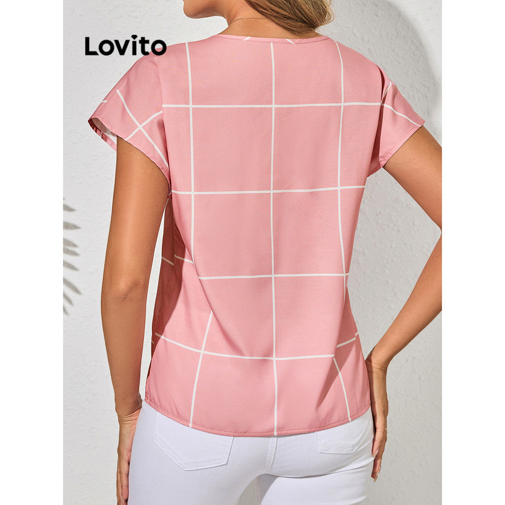 (Trendy) Lovito Blusa elegante com padrão guingão para mulheres LBL16210(Multicolorido) - Women Clothes