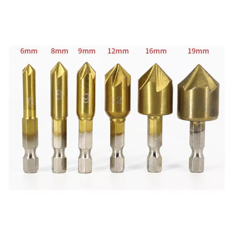 Kit 6 Brocas Escareadoras Chanfrar Madeira Aluminio 6-19mm - - ATACADAO- -