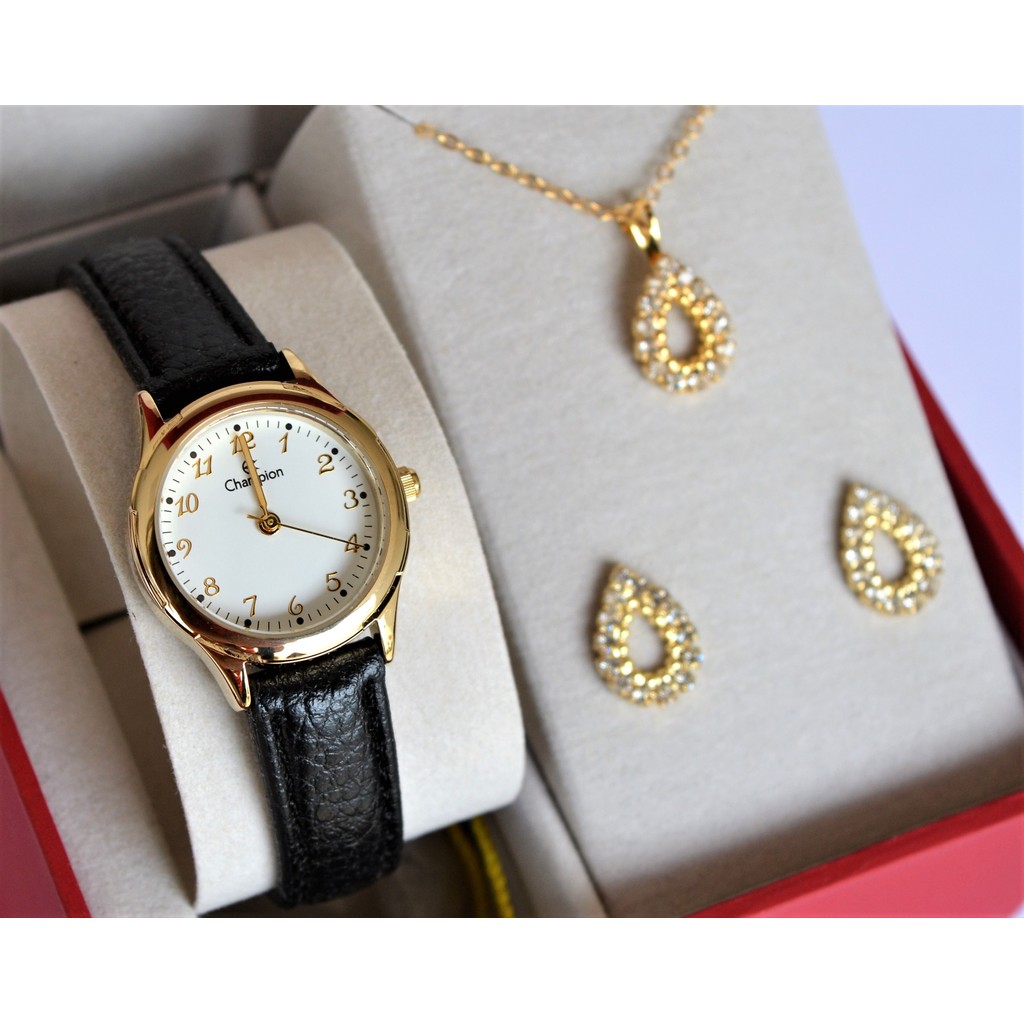 RELOGIO CHAMPION FEMININO PEQUENO COURO NUMEROS CH25114W + KIT SEMI JOIA
