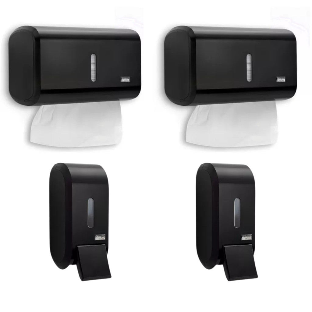 Kit 2 Porta Papel Toalha 2 Saboneteiras Alcool Gel Dispenser Urban Compacto Preto Premisse