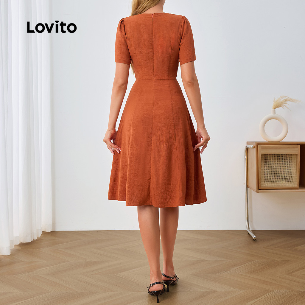 (Trendy) Lovito Vestido Elegante Liso Assimétrico Laranja Queimado Para Mulheres LBL25062 - Women Clothes