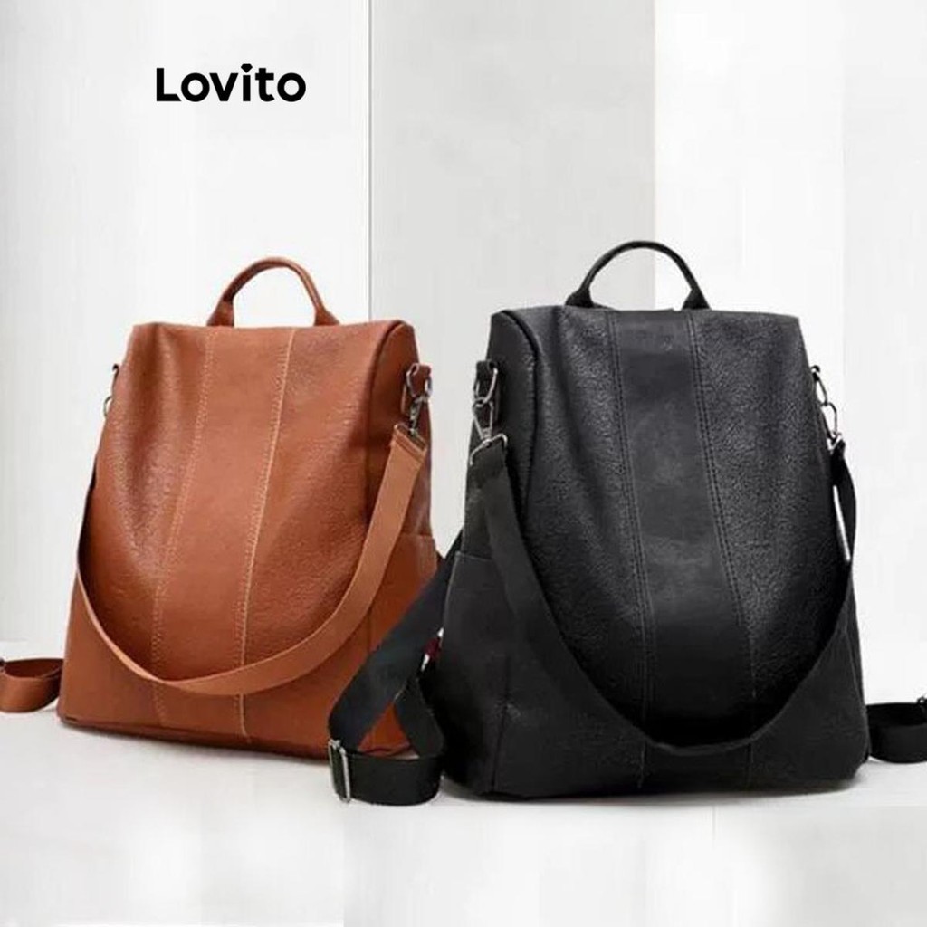 (Trendy) Lovito Mochila Casual simples antirroubo de couro macio para mulheres  LFA65161 em Oferta na Shopee
