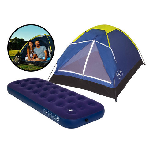 Barraca Iglu Camping 3 Pessoas + Colchão De Ar Solteiro Mor Cor Barraca Azul / Colchão Azul