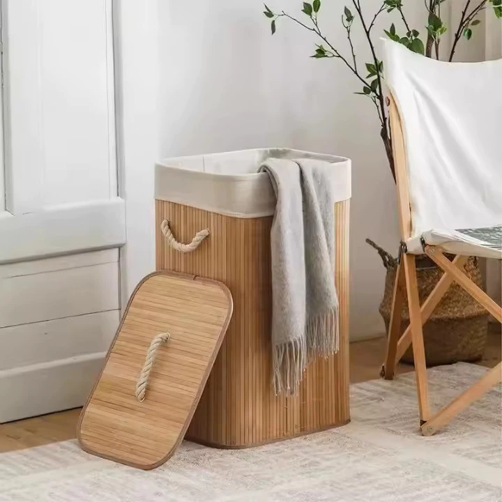 Cesto Organizador de Roupa Suja com Tampa e Alças em Bambu Bege — foto 4