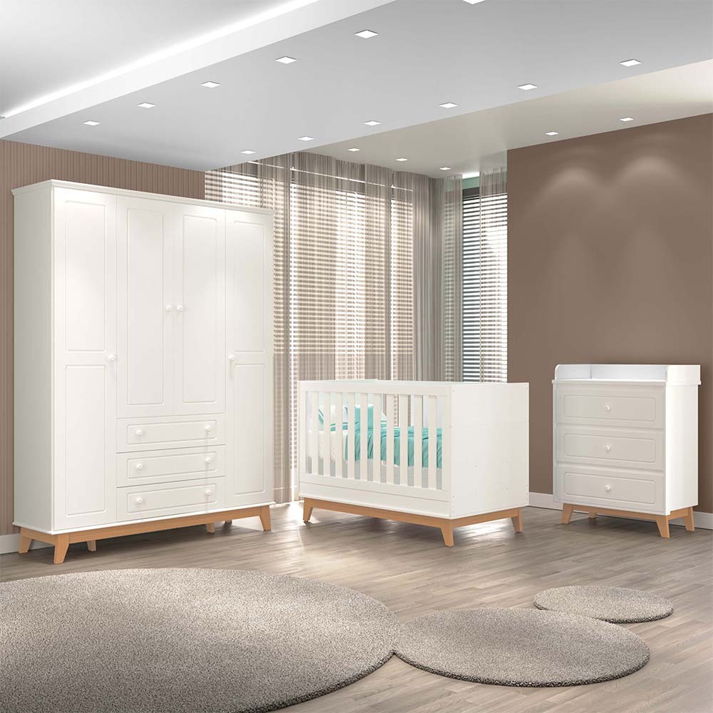 Quarto Infantil Triplo 100% MDF Tuboarte com Berço 2 em 1 Lucca Guarda-Roupas Henry e Cômoda Natan