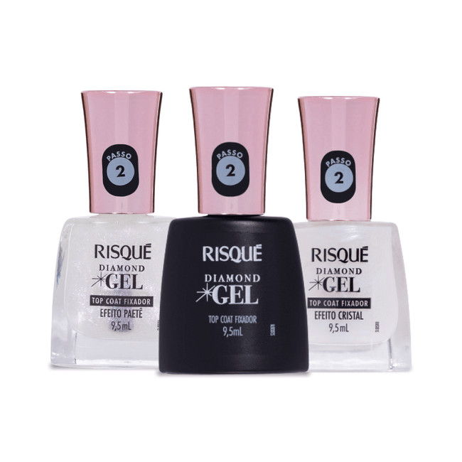 Kit Risqué Diamond Gel 3 Top Coats – Efeito Cristal, Efeito Paetê e Top Coat Fixador em Oferta na Shopee