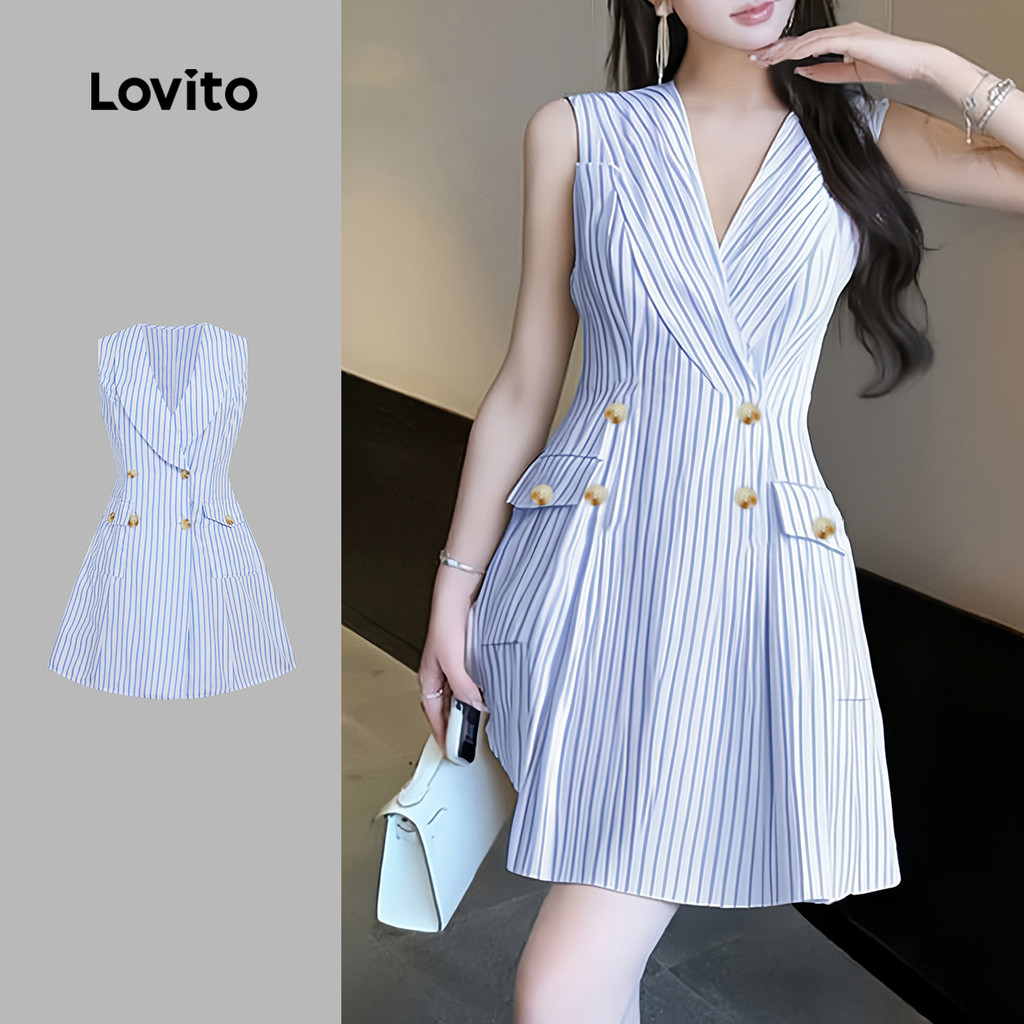 (New) Lovito Vestido Elegante com Botão Bolso Primavera/verão Azul e Branco para mulheres L143ED528 em Oferta na Shopee