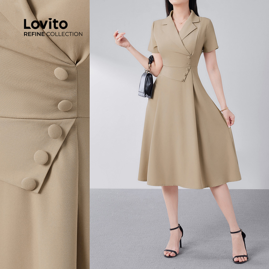 (Lovito Refine) Vestido Elegante com Botões Assimétricos de Primavera/verão em Caqui para Mulher LR13E026 em Oferta na Shopee