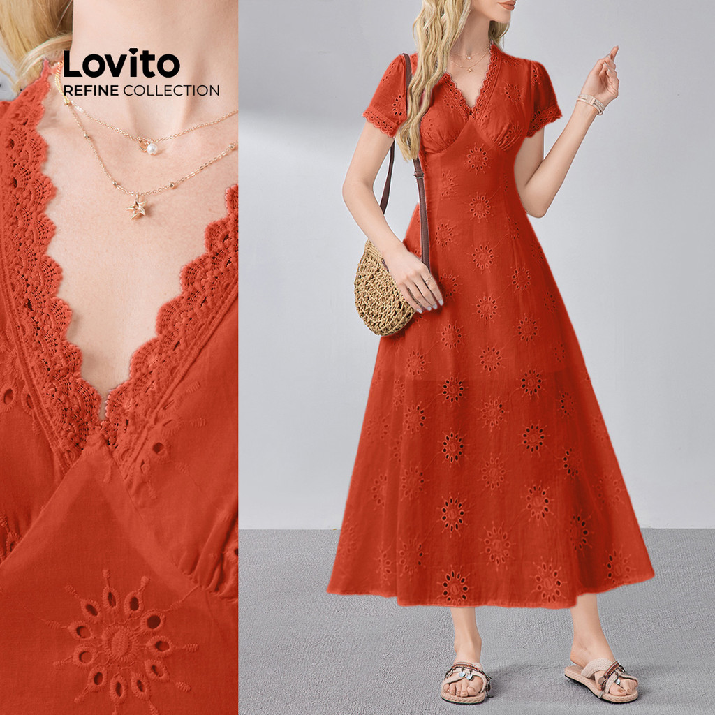 (NEW) (Lovito Refine) Vestido com Dupla Camada  Primavera/verão  Vestido Laranja Vermelho LR13L179
