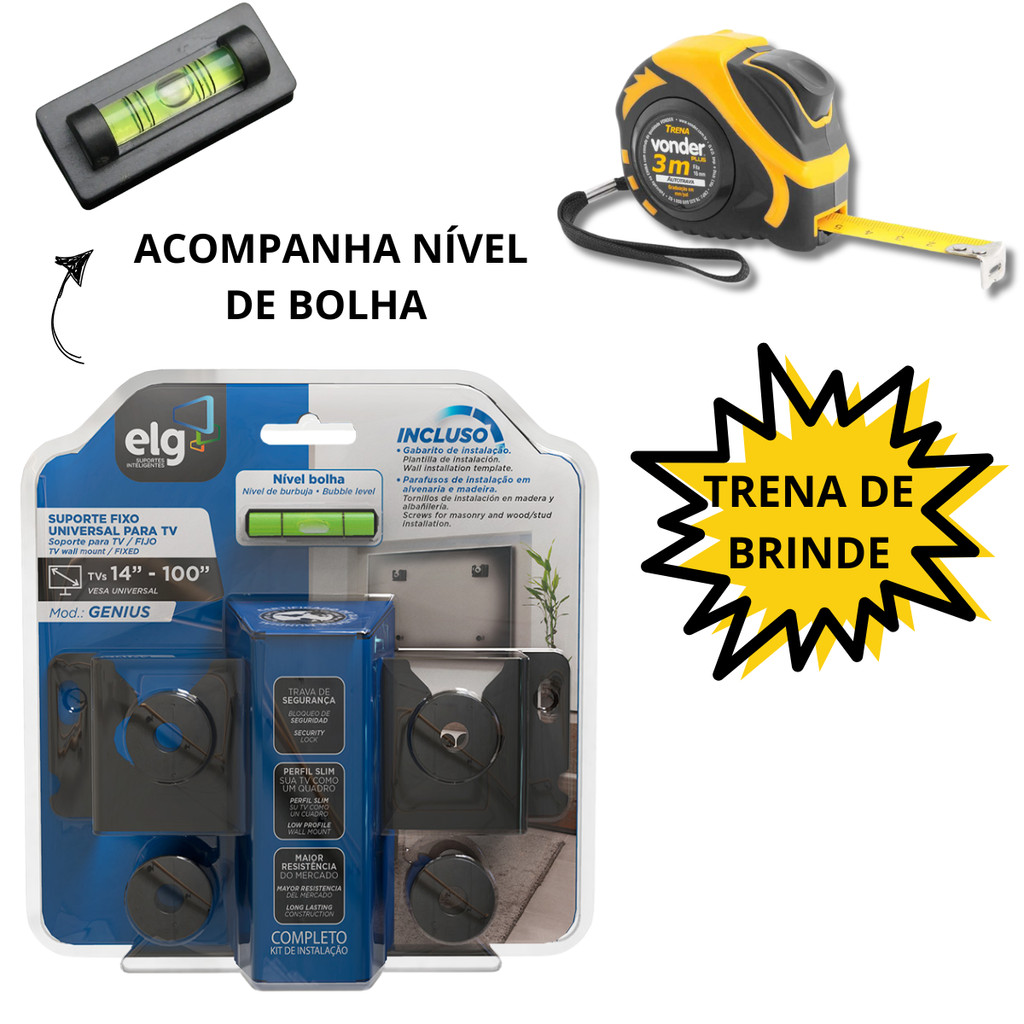 Suporte Para Tv Universal 14 a 100 Polegadas Nível Bolha Trena Autotrava Vonder