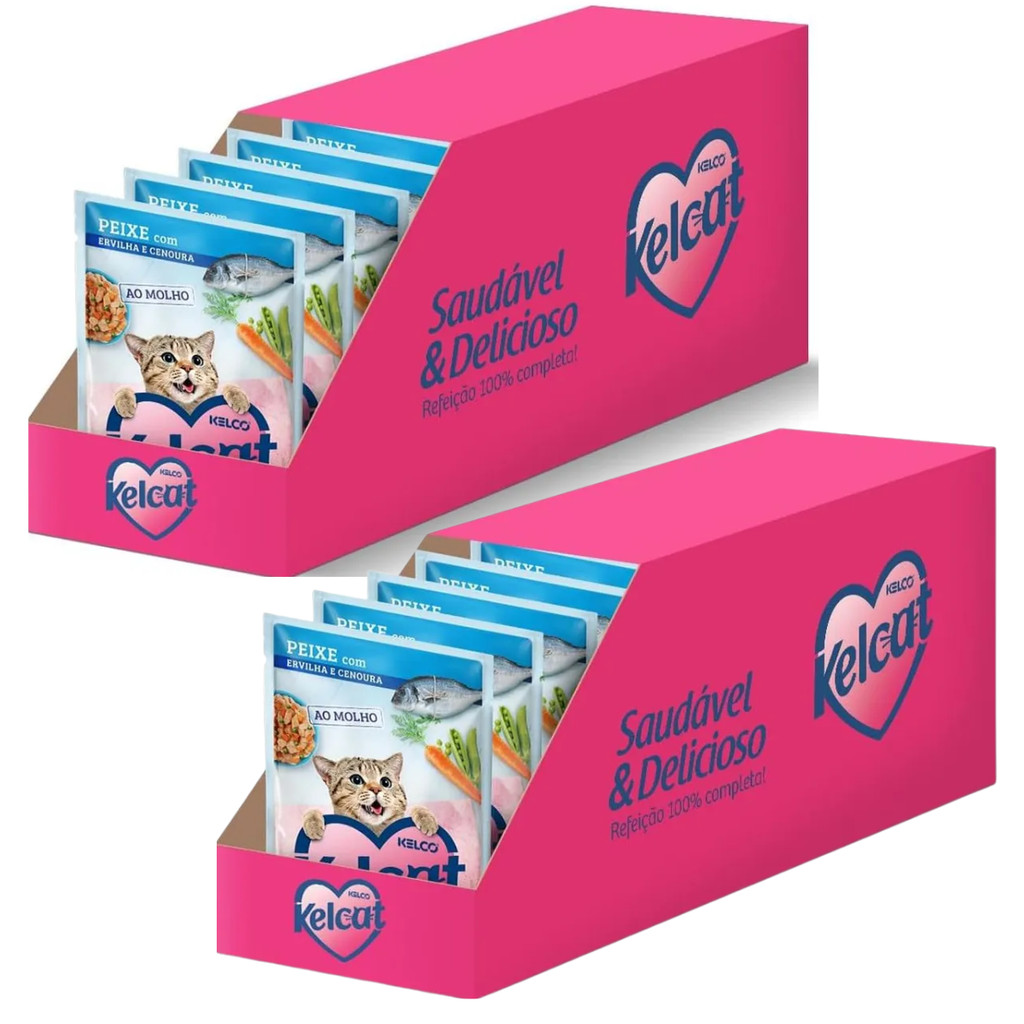Kit 2 Caixas com 20un Ração Úmida Kelcat Sachê Peixe, Ervilha e Cenoura 85g