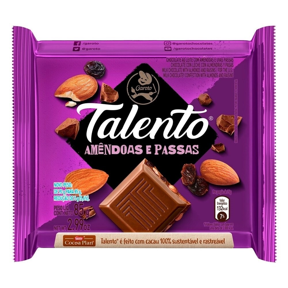 Chocolate Garoto Talento ao Leite com Amêndoas e Passas 85g - Embalagem com 12 Unidades em Oferta na Shopee