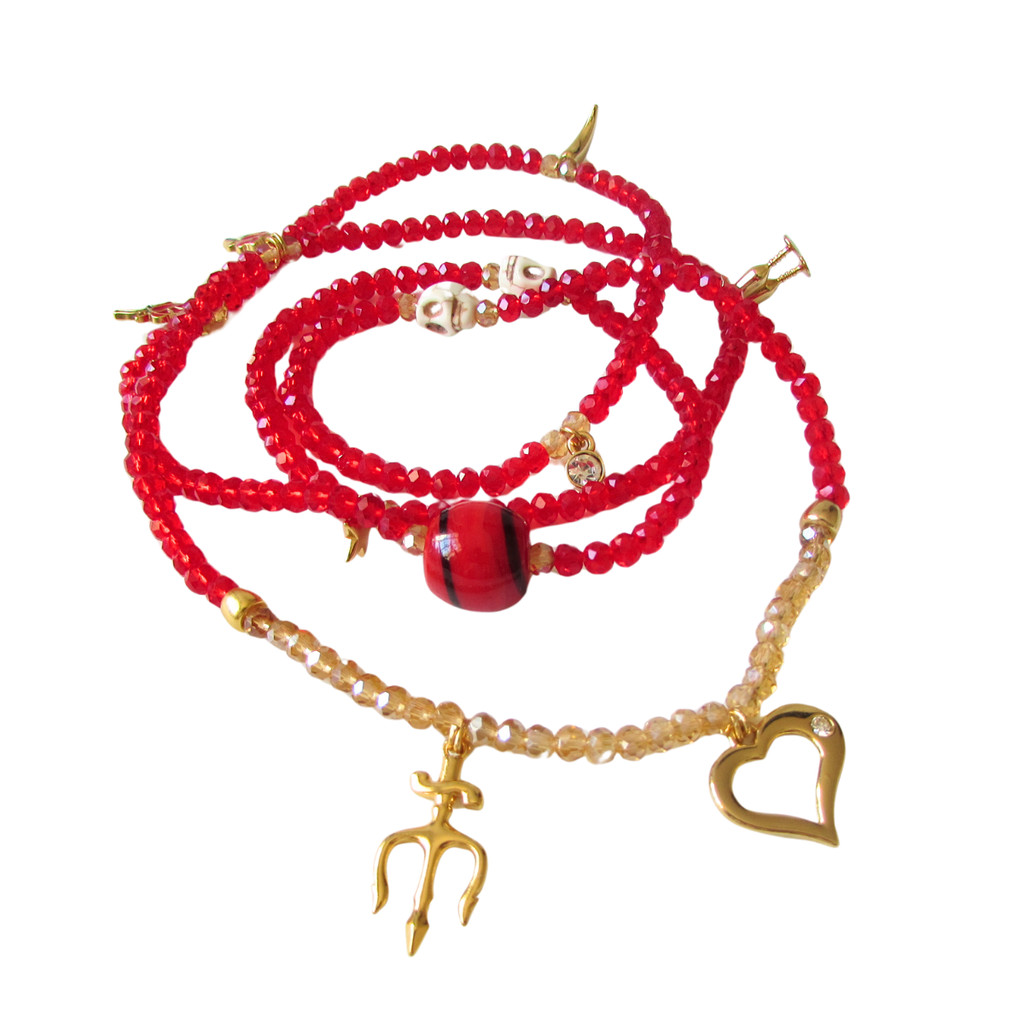 GUIA DE CRISTAL 6MM VERMELHO E DOURADO COM CAVEIRA DE PEDRA POMBA GIRA COM FIRMA E PINGENTES