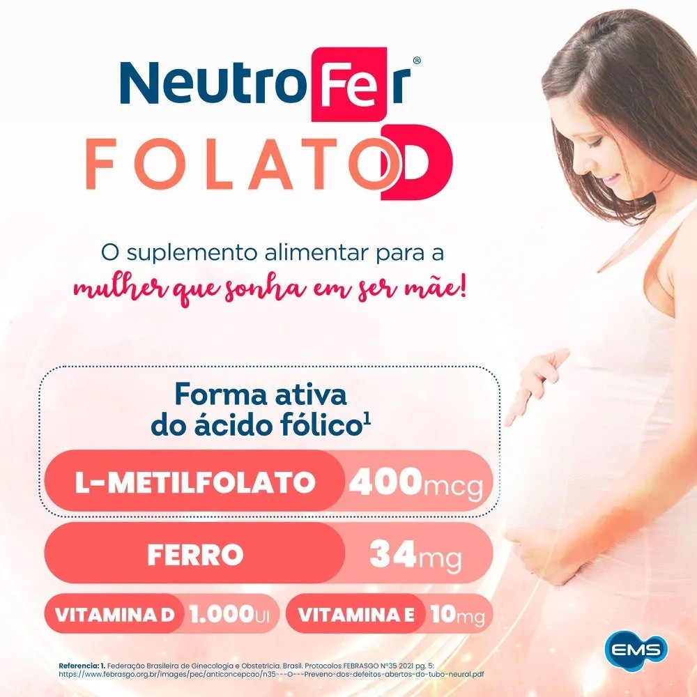 Neutrofe EMS Folato D 90 Comp Palnejamento e Gestação Metilfolato e Ferro — imagem 2 de 2