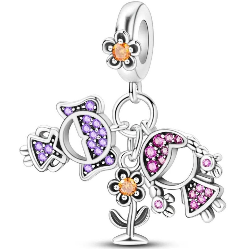 Berloque Charms Charms Filhas Meninas Irmãs Flor Prata 925