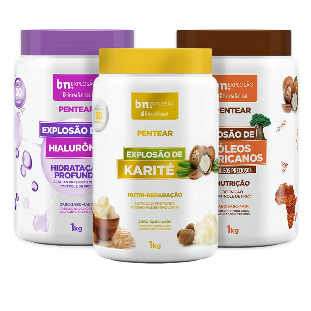 Kit Beleza Natural Pentear Hialurônico + Karité + Óleos Africanos 1Kg bn.Explosão